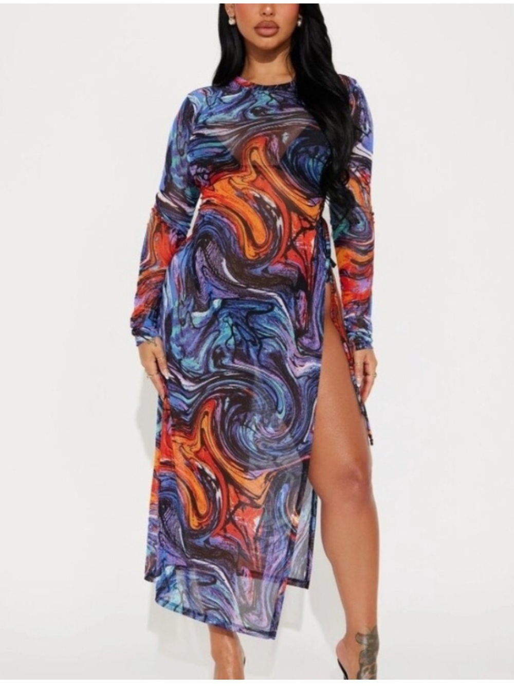 NYC Women’s Mesh Multicolor Abstract Swirl Long Sleeve Midi Dress Swim Coverup S